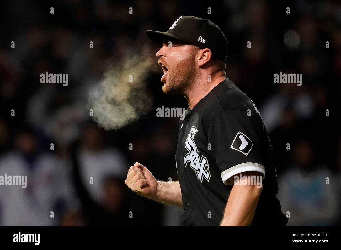 Chicago White Sox relief pitcher Liam Hendriks reacts after striking out  Chicago Cubs' Nico Hoerner to end a baseball game Wednesday, May 4, 2022,  in Chicago. The White Sox won 4-3. (AP
