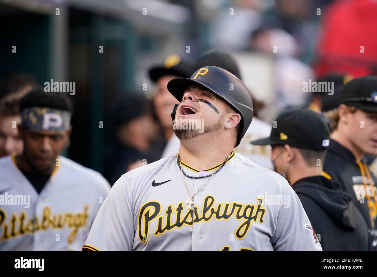Pittsburgh Pirates' Daniel Vogelbach reacts after his 2-run home