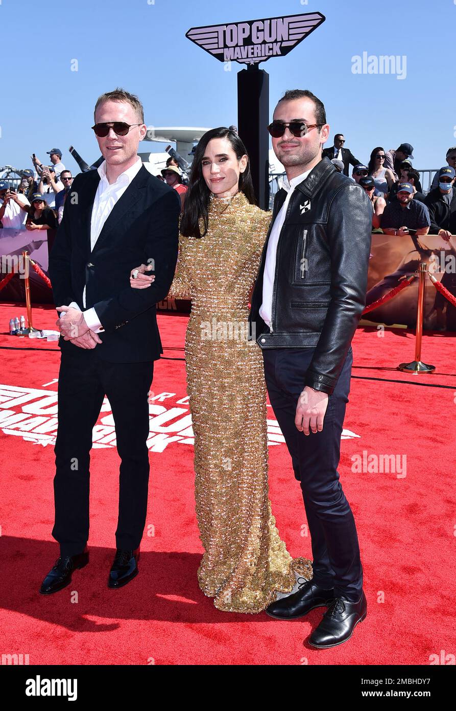 Paul Bettany, from left, Jennifer Connelly and Kai Dugan arrive at the ...