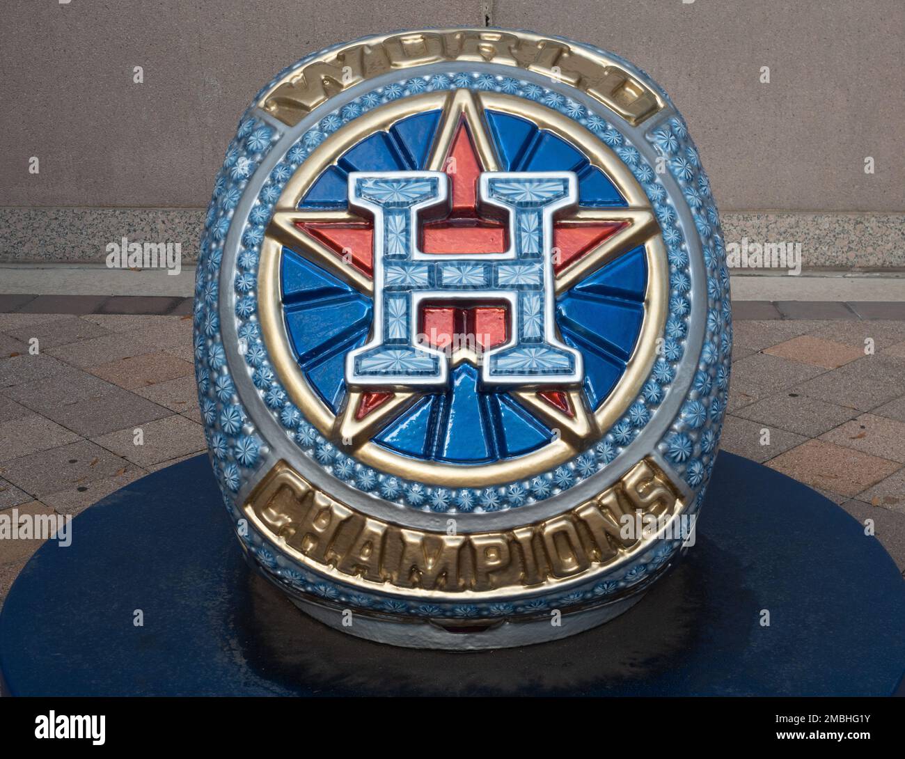 Spherical red, blue, and gold sculpture at Minute Maid Stadium that celebrates the Houston Astro's World Series win in 2017. Stock Photo