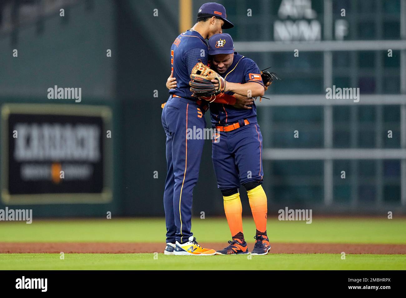 Houston Astros' Jeremy Pena (3) and Jose Altuve hug after a baseball game  against the Seattle Mariners Monday, May 2, 2022, in Houston. The Astros  won 3-0. (AP Photo/David J. Phillip Stock Photo - Alamy