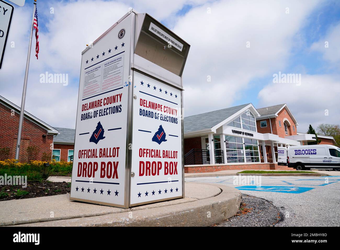 Shown is a Delaware County secured drop box for the return of voteby