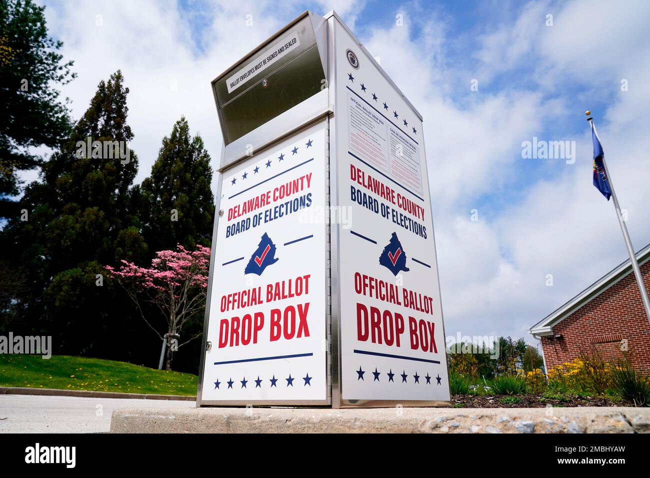 Shown is a Delaware County secured drop box for the return of voteby