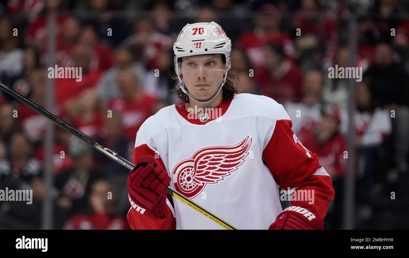 Detroit Red Wings Oskar Sundqvist during the third period of an NHL hockey game against the New Jersey Devils in Newark N.J. Friday April 29 2022. The Red Wings defeated the Devils