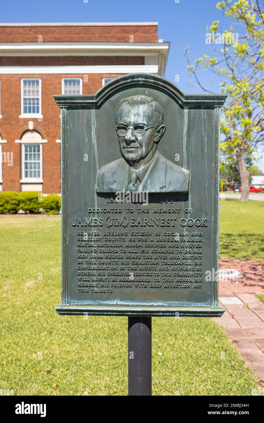 Cochran, Georgia, USA - April 19, 2022: Plaque in memory of James Jim Earnest Cook Stock Photo
