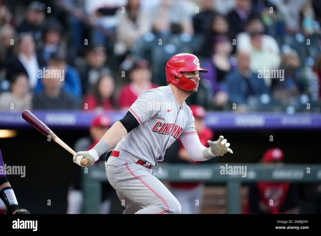 This is a 2022 photo of Tyler Naquin of the Cincinnati Reds baseball team  taken Friday, March 18, 2022, in Goodyear, Ariz. (AP Photo/Charlie Riedel  Stock Photo - Alamy