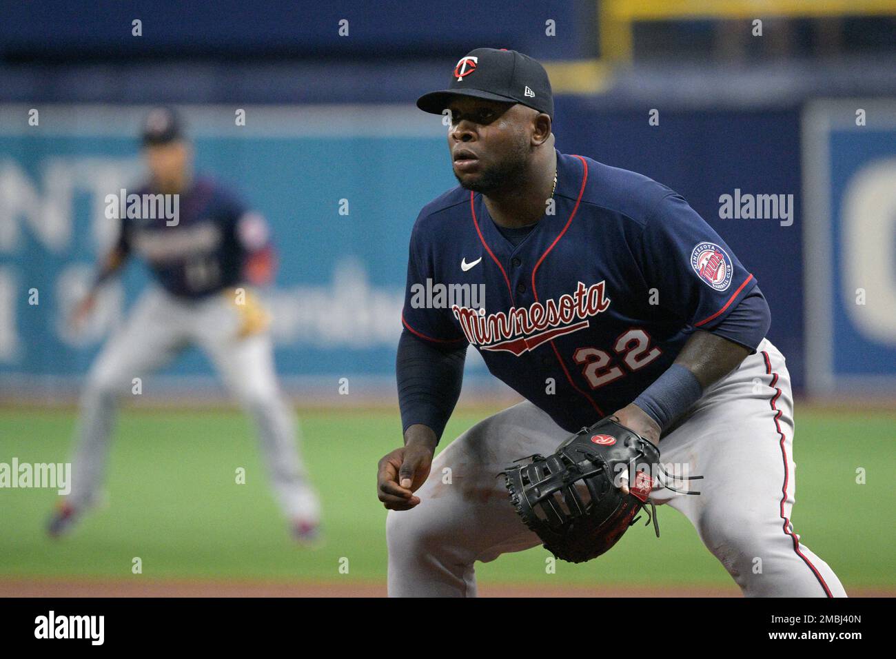 Minnesota Twins first baseman Miguel Sano (22) sets up for a play