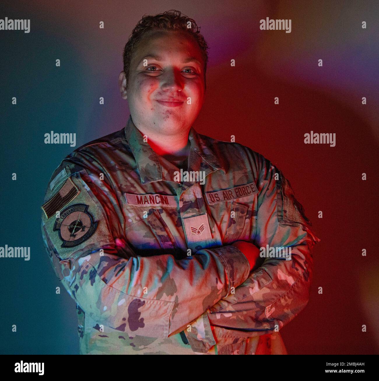 Senior Airman Dylan Mancini, 333rd Fighter Generation Squadron aircraft integrated avionics technician, poses for a photo for Wingman Wednesday to celebrate Pride Month at Seymour Johnson Air Force Base, North Carolina, June 16, 2022. Mancini was nominated as this week’s Wingman Wednesday for his exceptional work ethic and positive attitude. Additionally, Mancini identifies as gay and celebrates Pride Month. Stock Photo