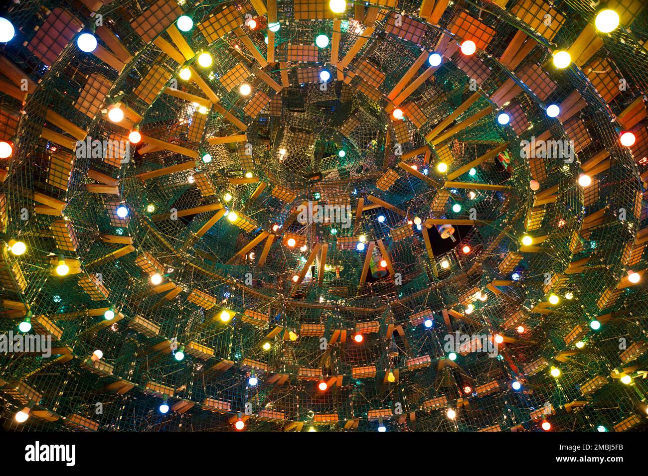 Looking up inside the Lobster Trap Christmas Tree in Stonington