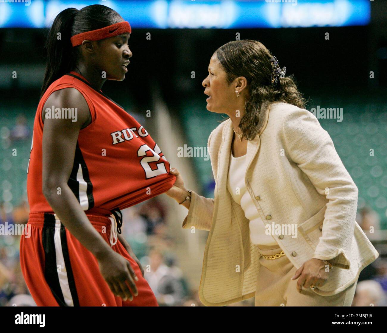 FILE - Rutgers coach C. Vivian Stringer gives instructions to Matee Ajavon  in the second half of a regional semifinal of the NCAA women's basketball  tournament in Greensboro, ., Saturday, March 24,