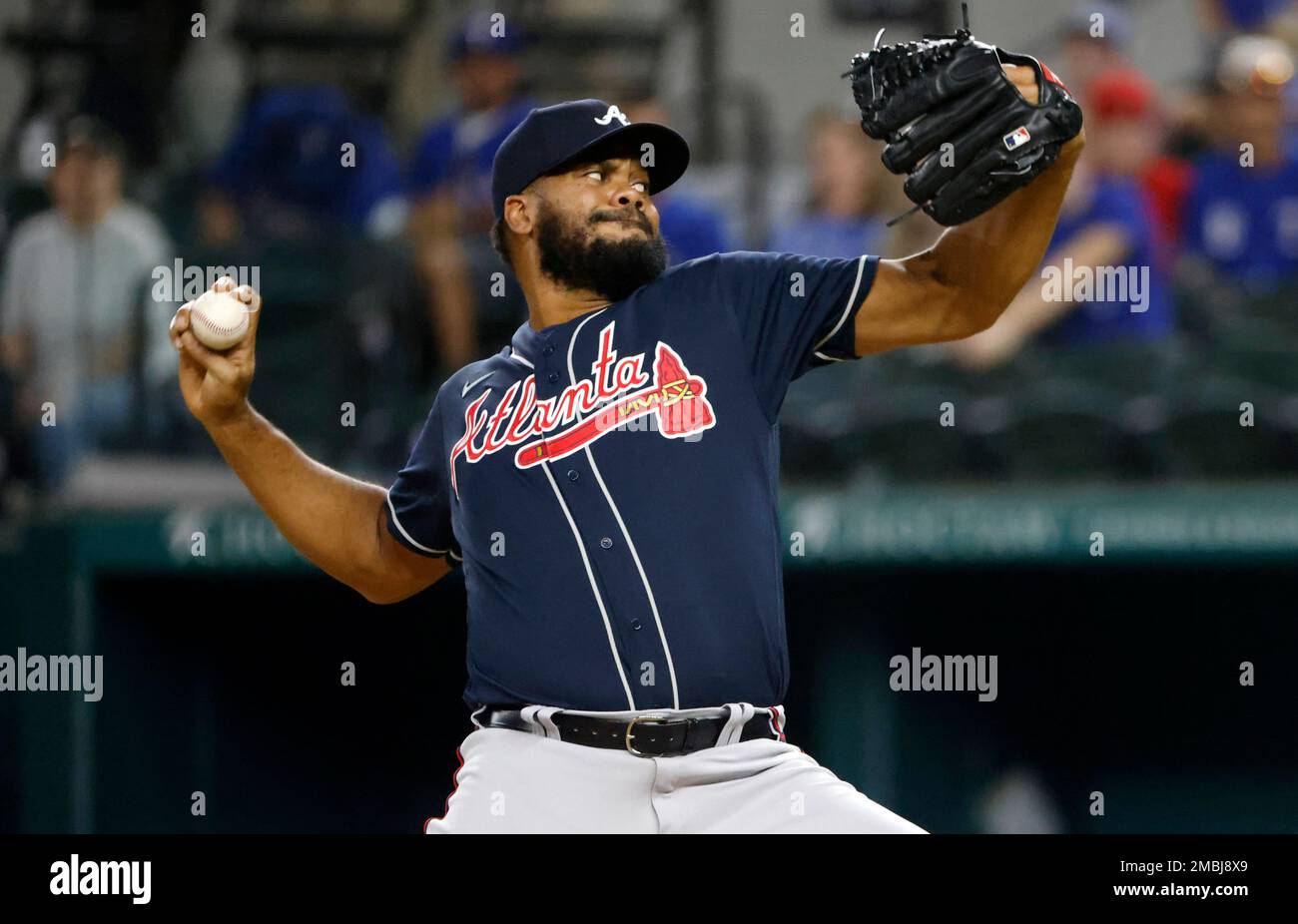 Atlanta Braves pitcher Kenley Jansen delivers against the Texas Rangers  during the ninth inning of a baseball game Friday, April 29, 2022, in  Arlington, Texas. (AP Photo/Ron Jenkins Stock Photo - Alamy