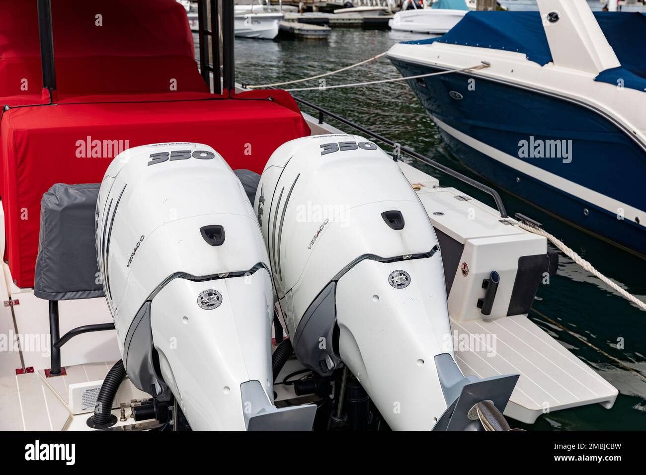 Twin Mercury verado 350 outboard engines motors mounted on a motorboat , Church Point,Sydney,NSW,Australia Stock Photo