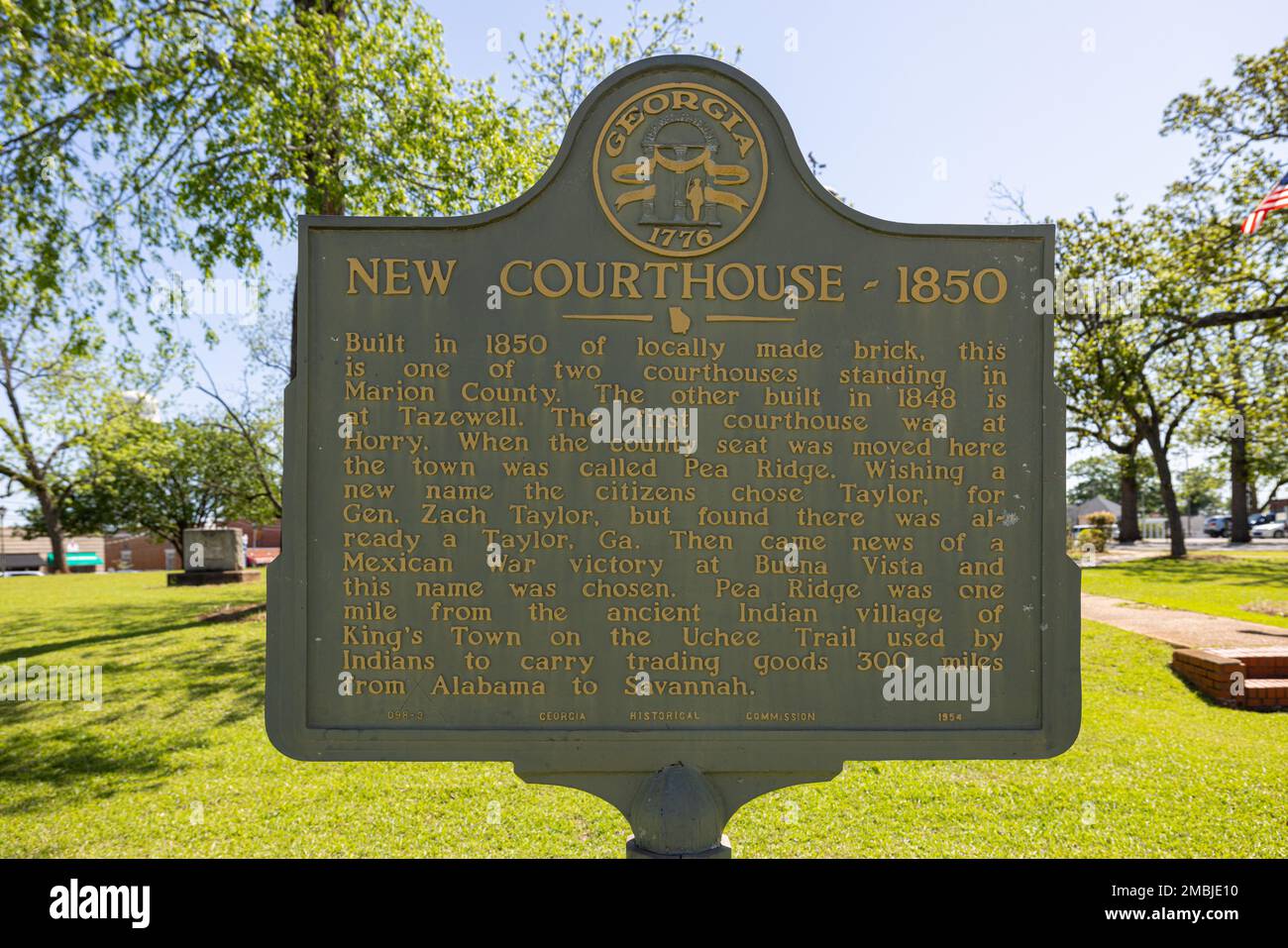 Buena Vista, USA April 19, 2022 Plaque tells the history of the 1850 Courthouse