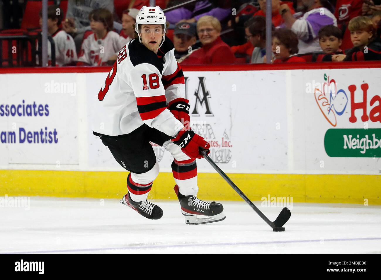 New Jersey Devils' Dawson Mercer plays during an NHL hockey game, Thursday,  Oct. 13, 2022, in Philadelphia. (AP Photo/Matt Slocum Stock Photo - Alamy