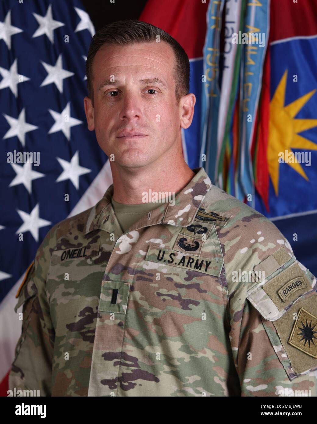 Portrait of U.S. Army 1st Lt. Mark C. O’Neill, commander of Operations Company, Headquarters and Headquarters Battalion, 40th Infantry Division, California Army National Guard, photographed June 16, 2022, at Joint Forces Training Base, Los Alamitos, California. Stock Photo