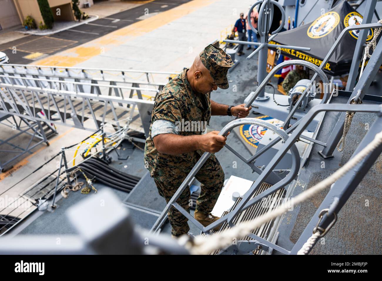 U.S. Marine Corps Maj. Gen. Brian Cavanaugh, commanding general, 1st Marine Aircraft Wing, tours the Arleigh Burke-class guided-missile destroyer USS Frank E. Petersen, Jr. (DDG 121), Joint Base Pearl Harbor-Hickam, Hawaii, June 16, 2022. The USS Frank E. Petersen, Jr. is named after retired U.S. Marine Corps Lt. Gen. Frank E. Petersen, Jr., who was the first Black U.S. Marine Corps aviator and the first Black Marine to become a three-star general. Stock Photo