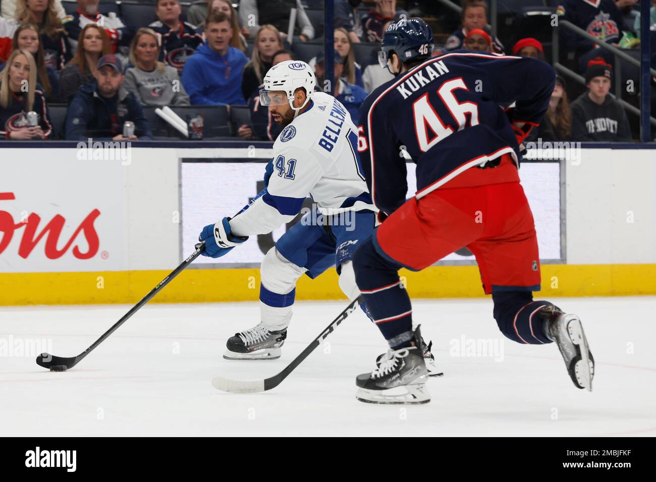 Tampa Bay Lightning's Pierre-Edouard Bellemare, left, looks for an open ...