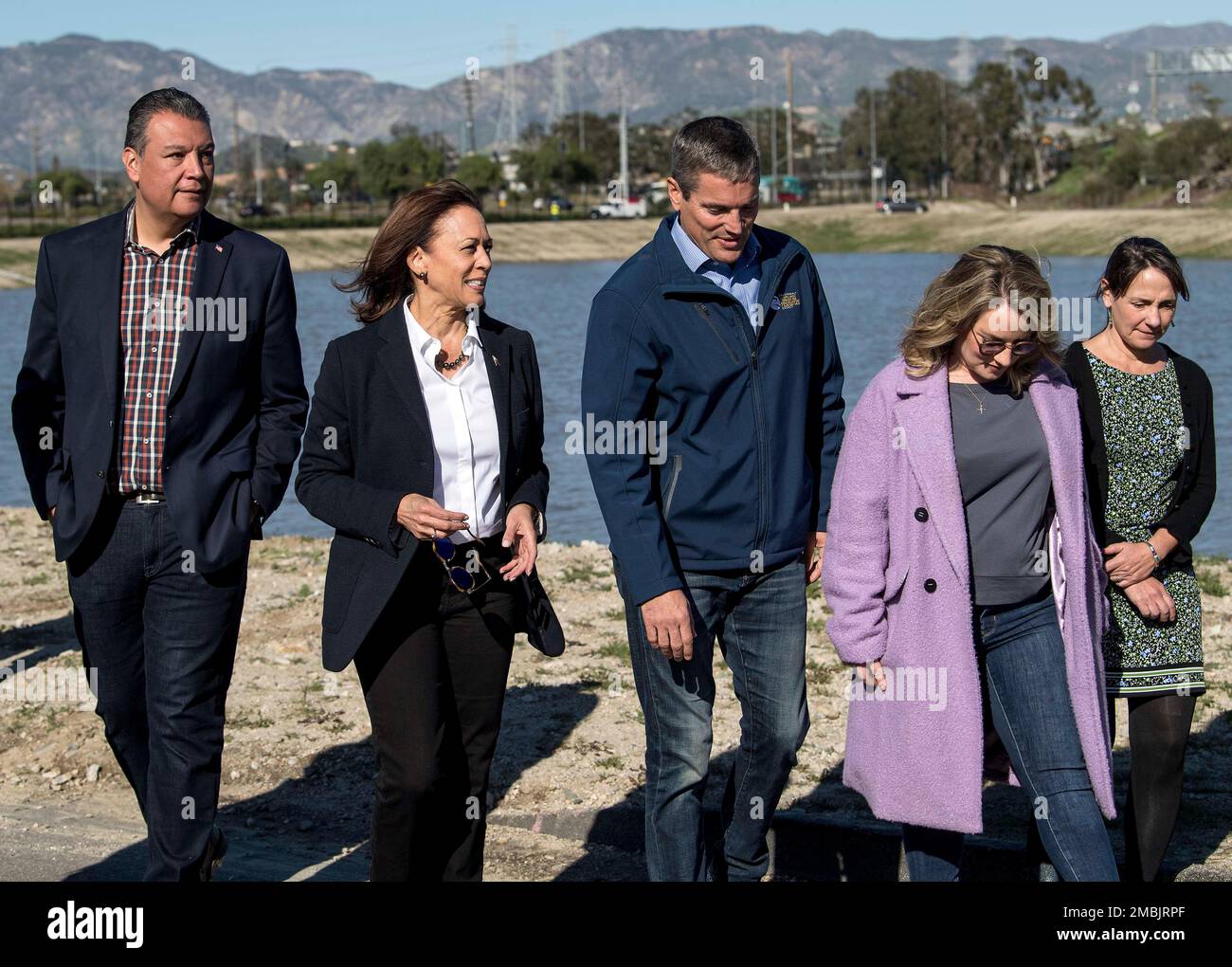 Sunland, California, USA. 20th Jan, 2023. Vice President KAMALA HARRIS on a walking tour of the Tujunga Spreading Grounds. The Grounds, which provides water to Los Angeles County, is currently being upgraded to improve its capacity and percolation rate to help it store rain water. The recent atmospheric rivers of rain in the West have demonstrated that more needs to be done to capture and store water during the fluctuations of drought and floods brought on by climate change.(Credit Image: © Brian Cahn/ZUMA Press Wire) EDITORIAL USAGE ONLY! Not for Commercial USAGE! Stock Photo