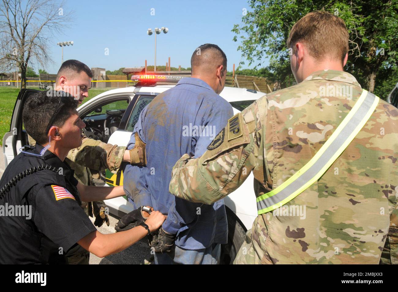 Sgt. 1st Class Ivan Velazquez, an operations sergeant with the 15th Military Police Brigade, is captured, marking the conclusion of the missing inmate exercise.  Velazquez was one of two Soldiers who “escaped” from the U.S. Disciplinary Barracks. Stock Photo