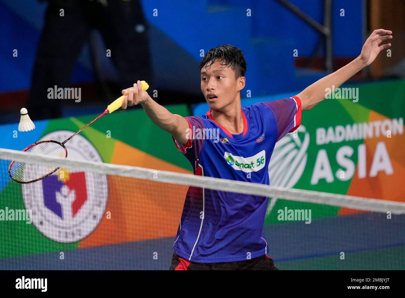 Jewel Angelo Albo from the Philippines against Lei Lan Xi from China during the qualification round of the Badminton Asia Championships in Muntinlupa, Philippines on Tuesday, April 26, 2022
