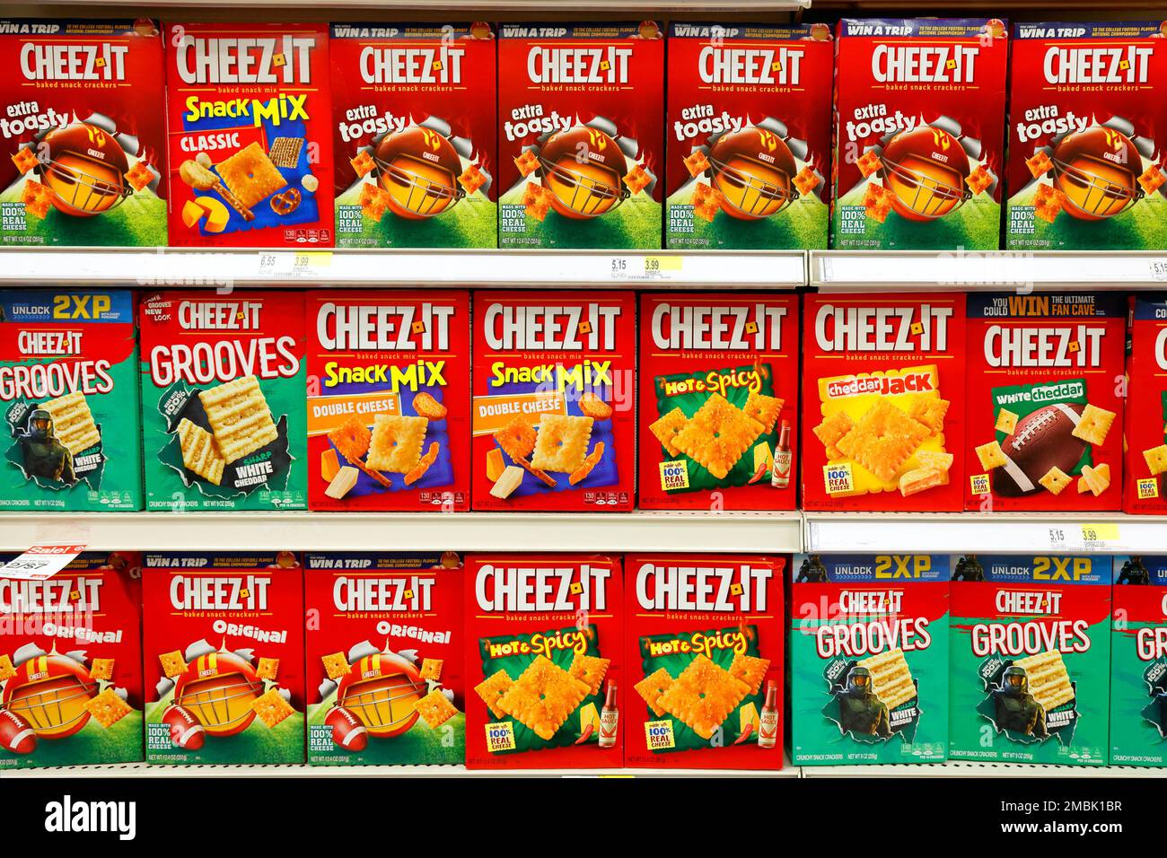 Boxes of different varieties of Cheez It on a grocery store shelf Stock