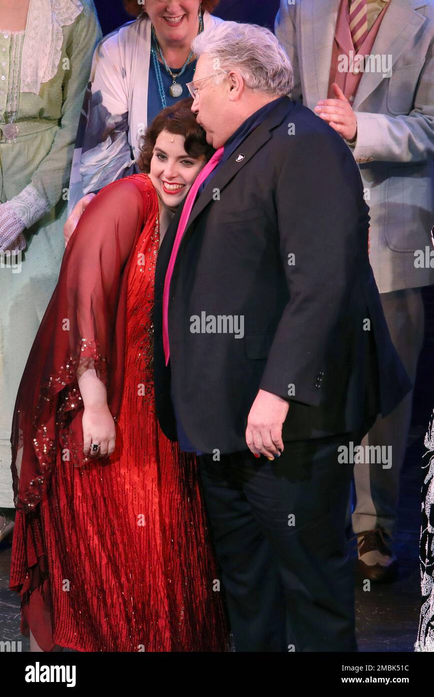 Beanie Feldstein and Harvey Fierstein appear on stage during the Broadway opening night curtain