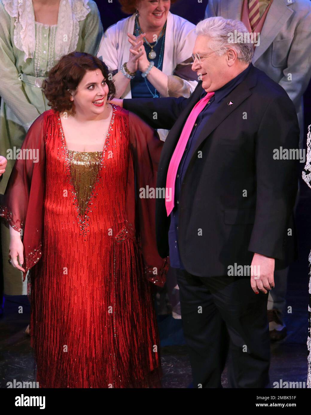 Beanie Feldstein and Harvey Fierstein appear on stage during the