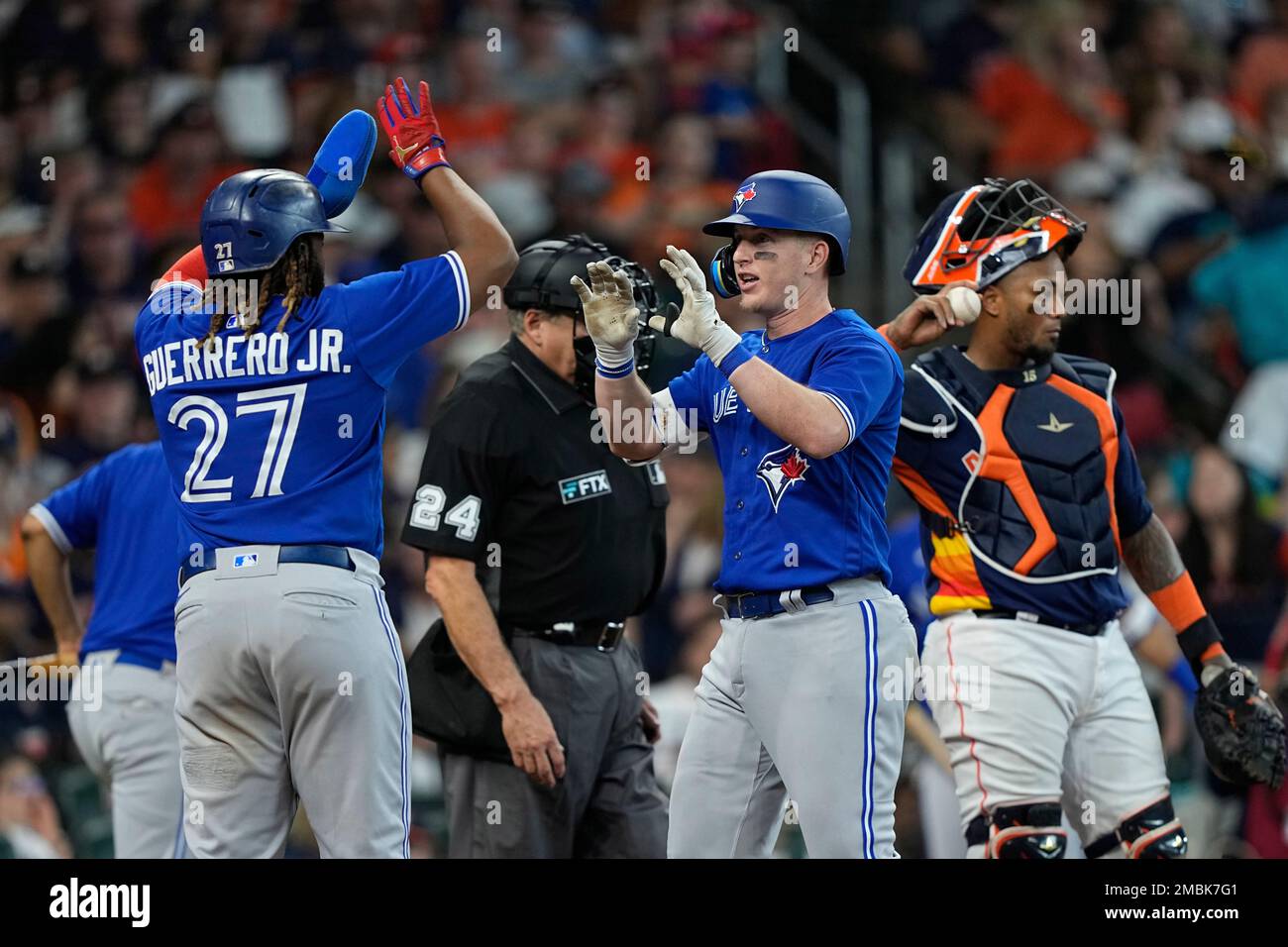 April 27, 2022, TORONTO, ON, CANADA: Boston Red Sox first baseman Bobby  Dalbec (29) and third baseman Rafael Devers (11) celebrate after defeating  the Toronto Blue Jays in MLB baseball action in