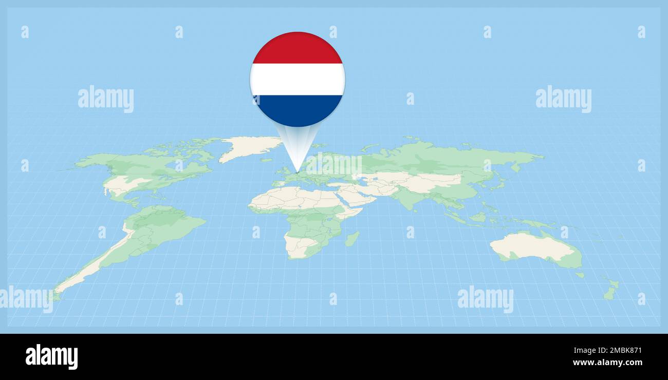 Location of Netherlands on the world map, marked with Netherlands flag