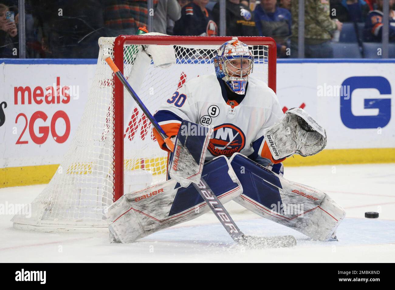 New York Islanders goaltender Ilya Sorokin (30) watches the puck before