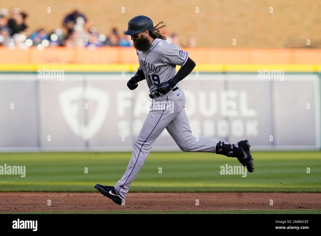 Colorado Rockies' Charlie Blackmon rounds the bases after his two-run home  run during the third inning of the second baseball game of a doubleheader  against the Detroit Tigers, Saturday, April 23, 2022