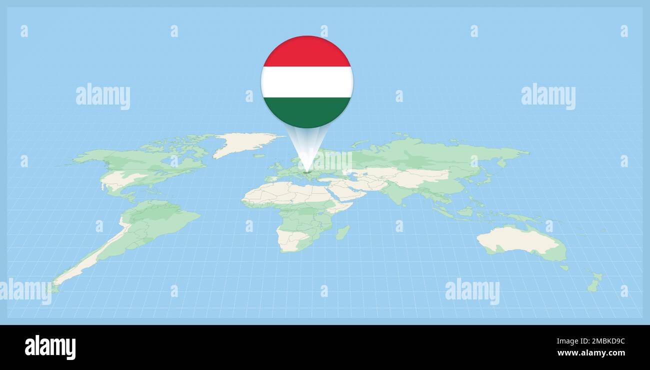 Location of Hungary on the world map, marked with Hungary flag pin. Cartographic vector illustration. Stock Vector