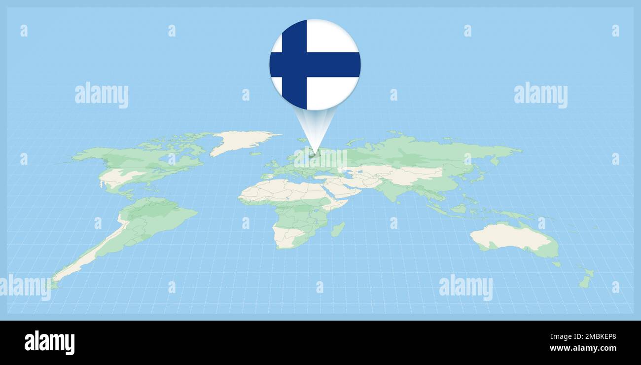 Location of Finland on the world map, marked with Finland flag pin. Cartographic vector 