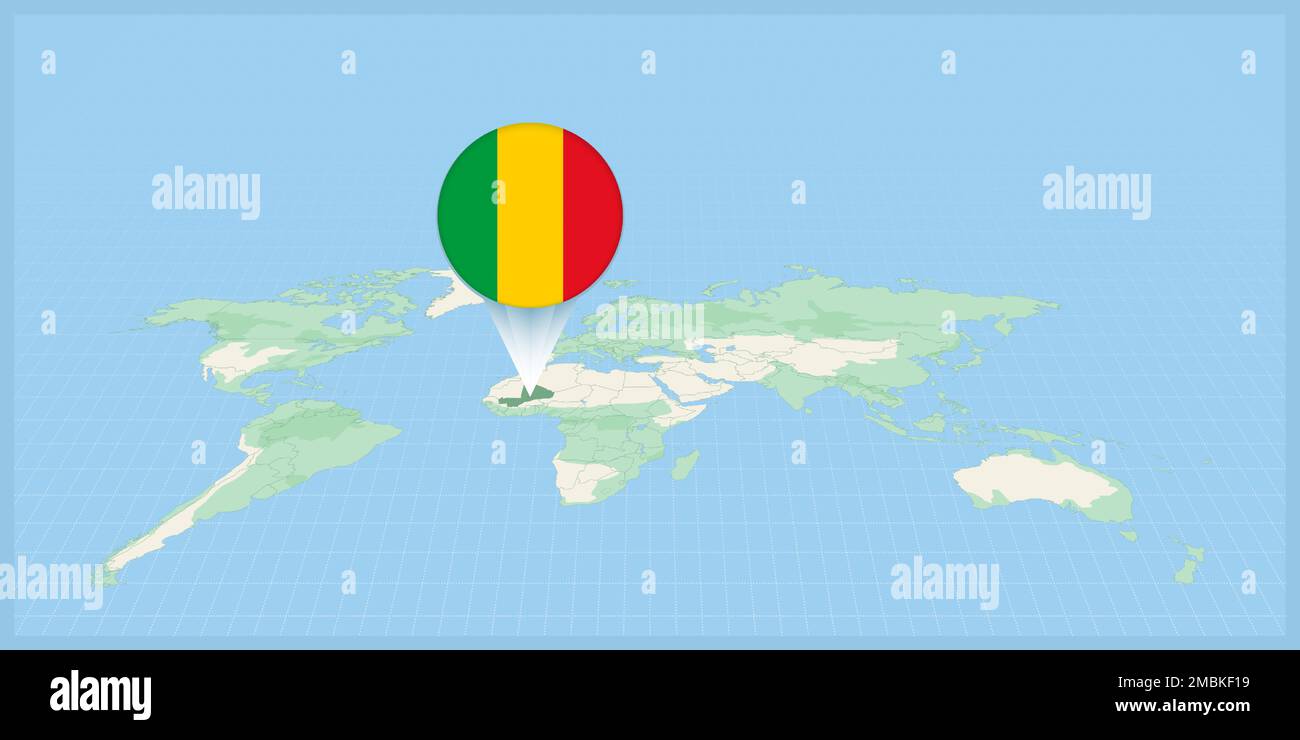 Location of Mali on the world map, marked with Mali flag pin. Cartographic vector illustration