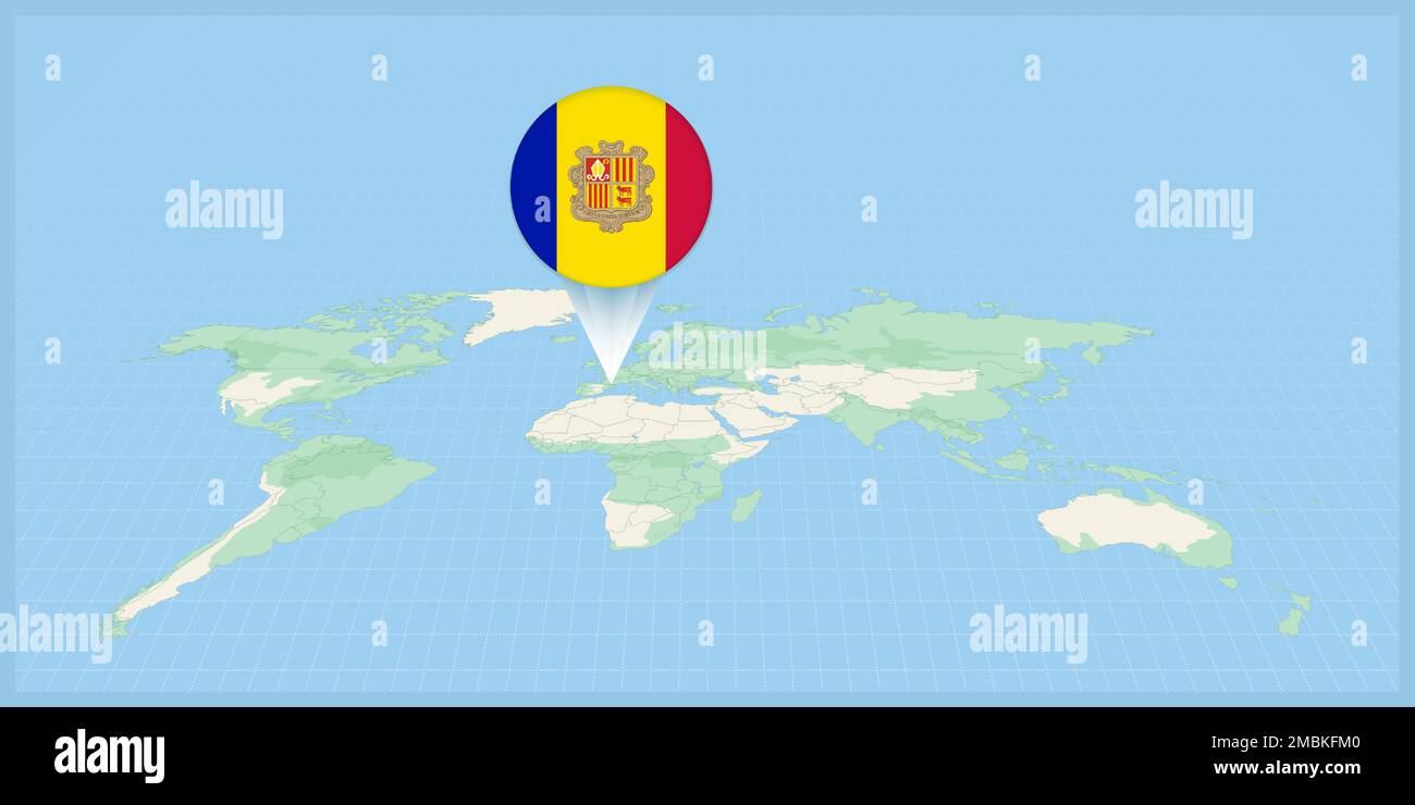 Location of Andorra on the world map, marked with Andorra flag pin. Cartographic vector illustration. Stock Vector
