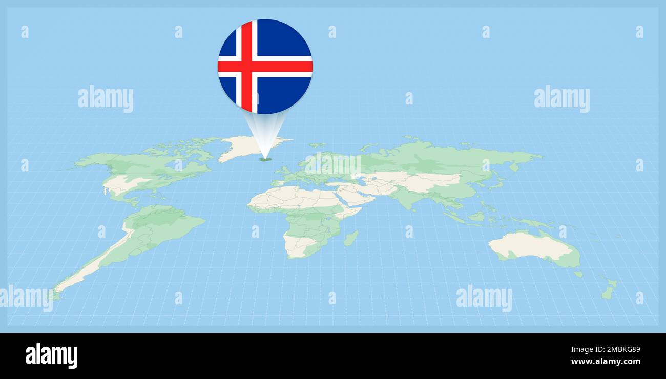Location of Iceland on the world map, marked with Iceland flag pin. Cartographic vector illustration. Stock Vector