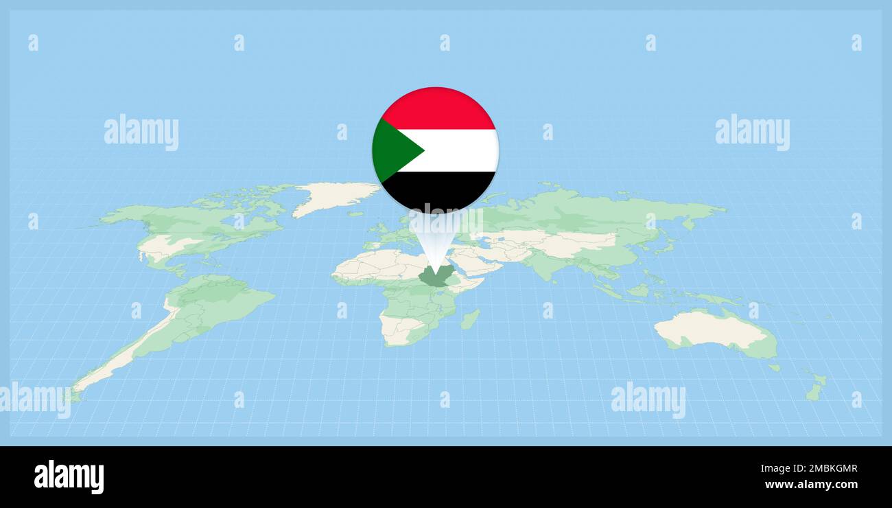 Location of Sudan on the world map, marked with Sudan flag pin. Cartographic vector illustration
