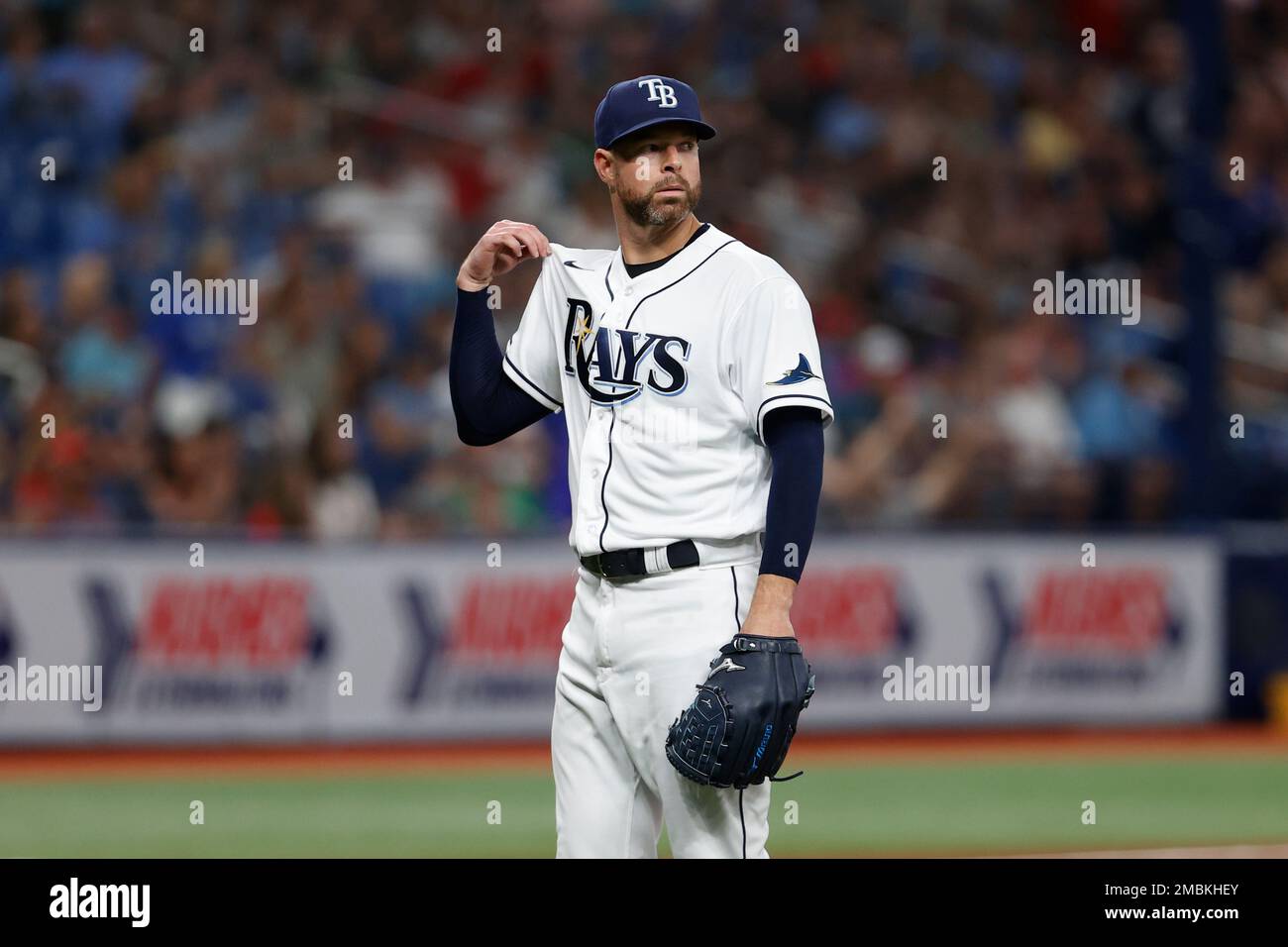 Tampa Bay Rays starting pitcher Corey Kluber waits for a new ball after