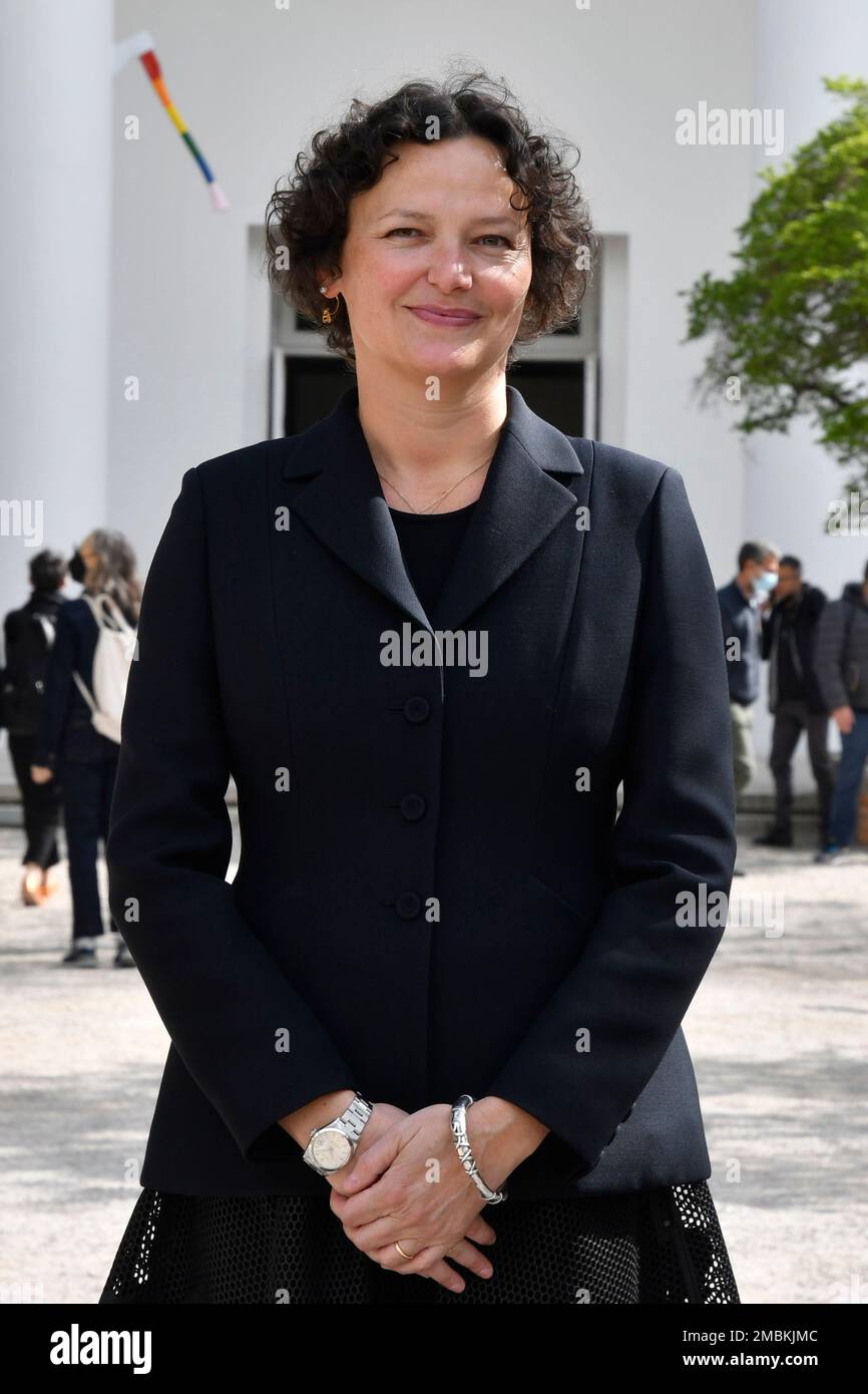 Cecilia alemani curator and artistic director of the biennale of arts exhibition poses for on its opening day in venice tuesd