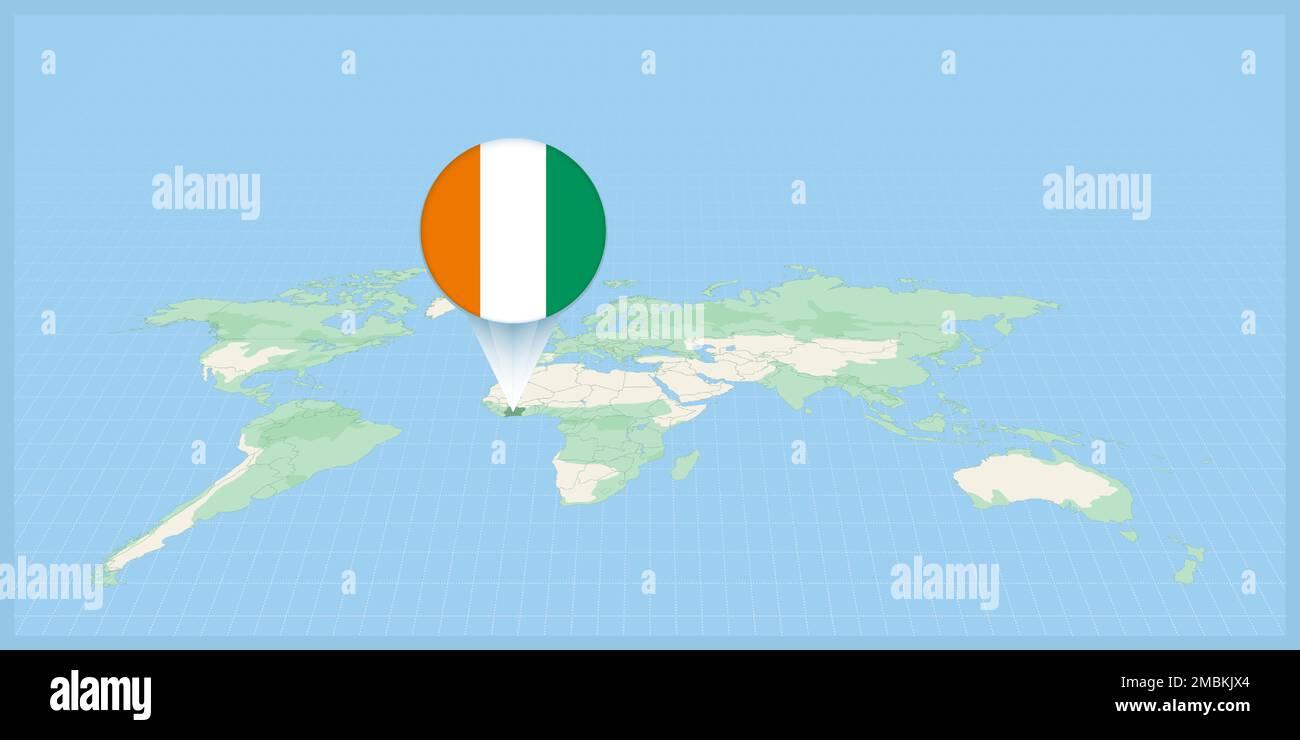 Location of Ivory Coast on the world map, marked with Ivory Coast flag