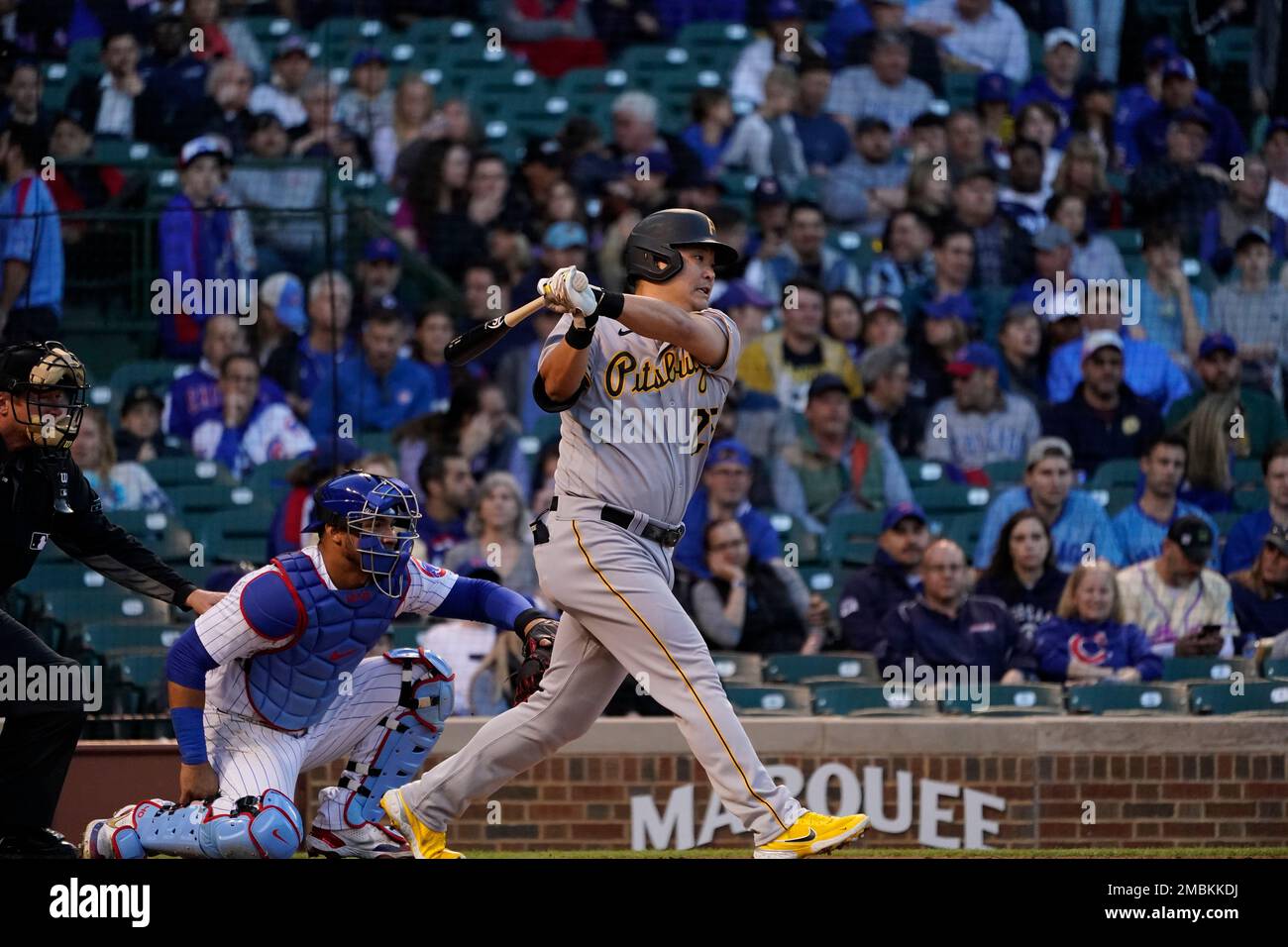 Pittsburgh Pirates' Yoshi Tsutsugo comes up to bat during the third inning  of a baseball game against the St. Louis Cardinals Sunday, Aug. 22, 2021,  in St. Louis. (AP Photo/Jeff Roberson Stock