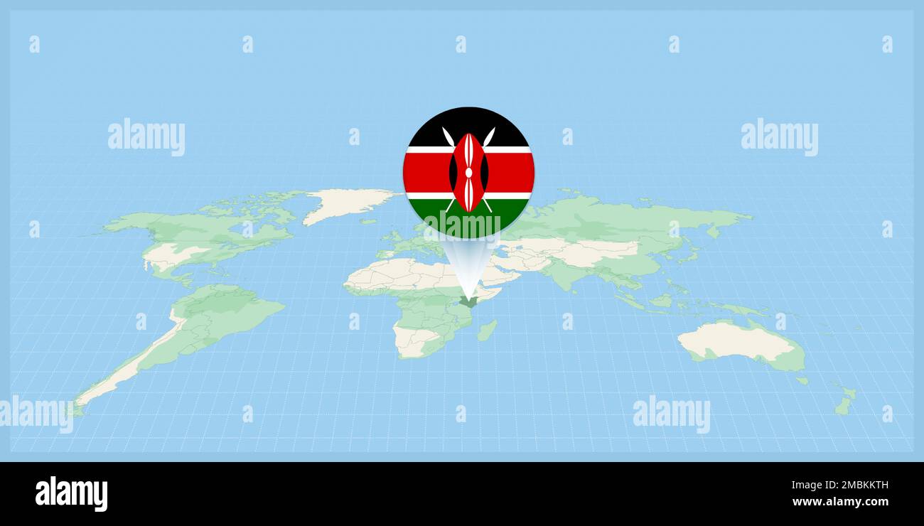 Location of Kenya on the world map, marked with Kenya flag pin. Cartographic vector illustration. Stock Vector