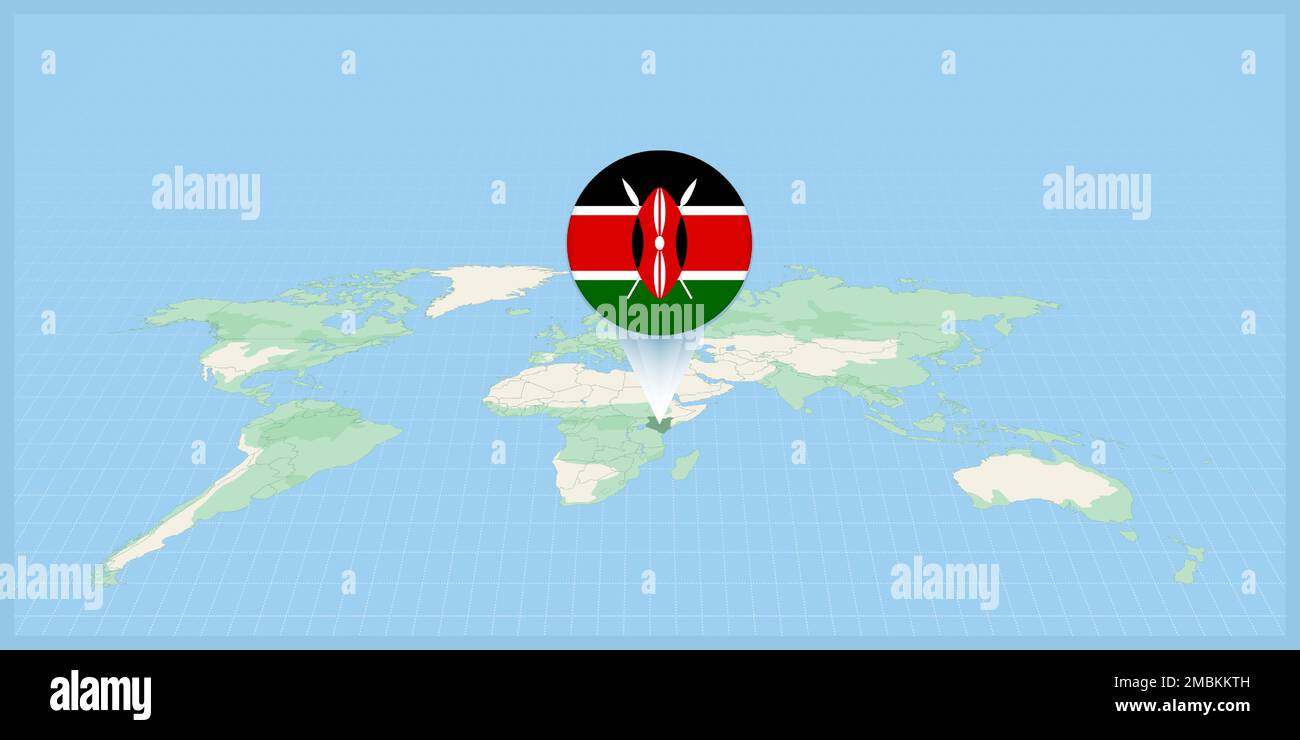 Location of Kenya on the world map, marked with Kenya flag pin. Cartographic vector illustration