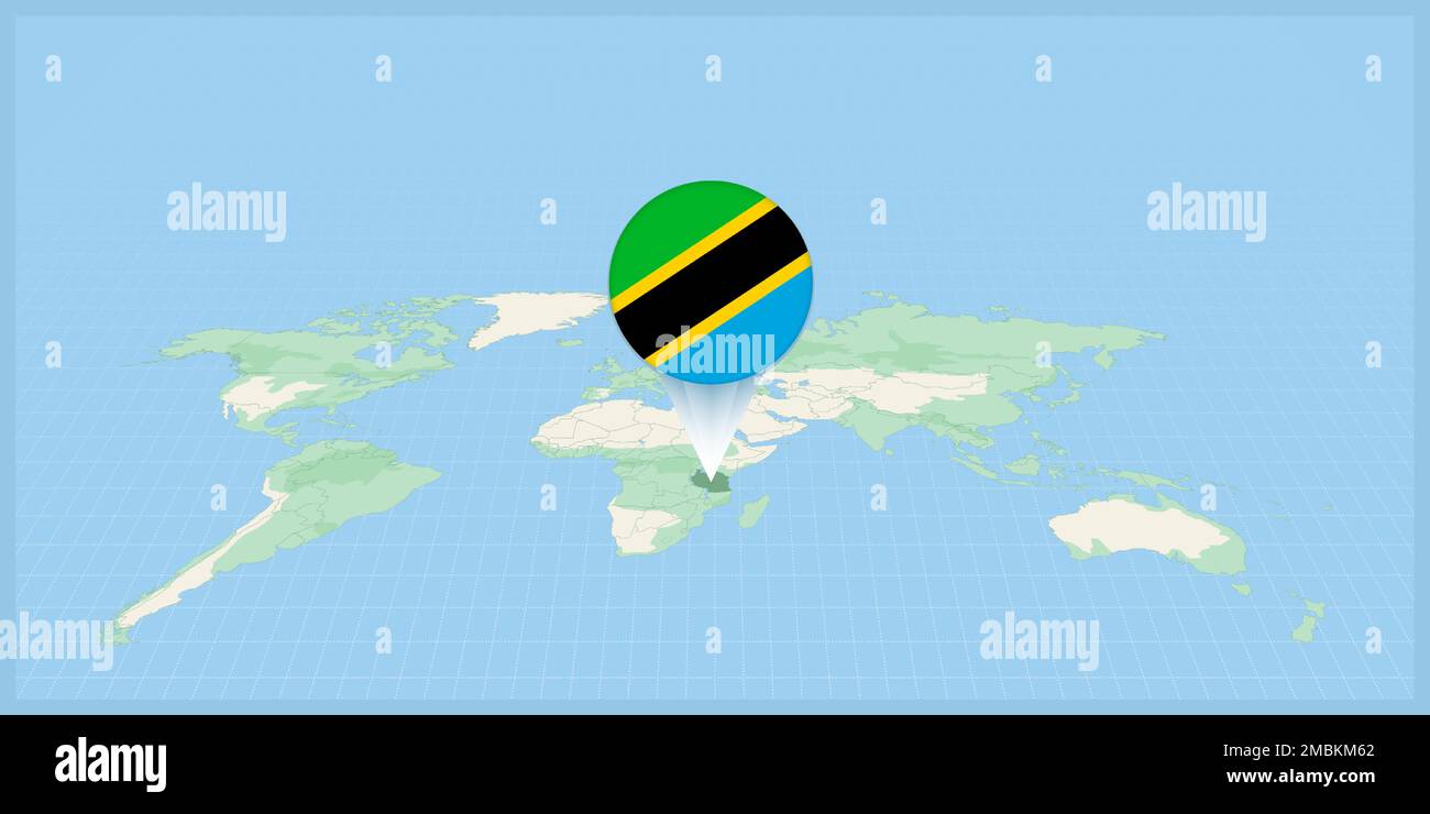 Location of Tanzania on the world map, marked with Tanzania flag pin. Cartographic vector illustration. Stock Vector