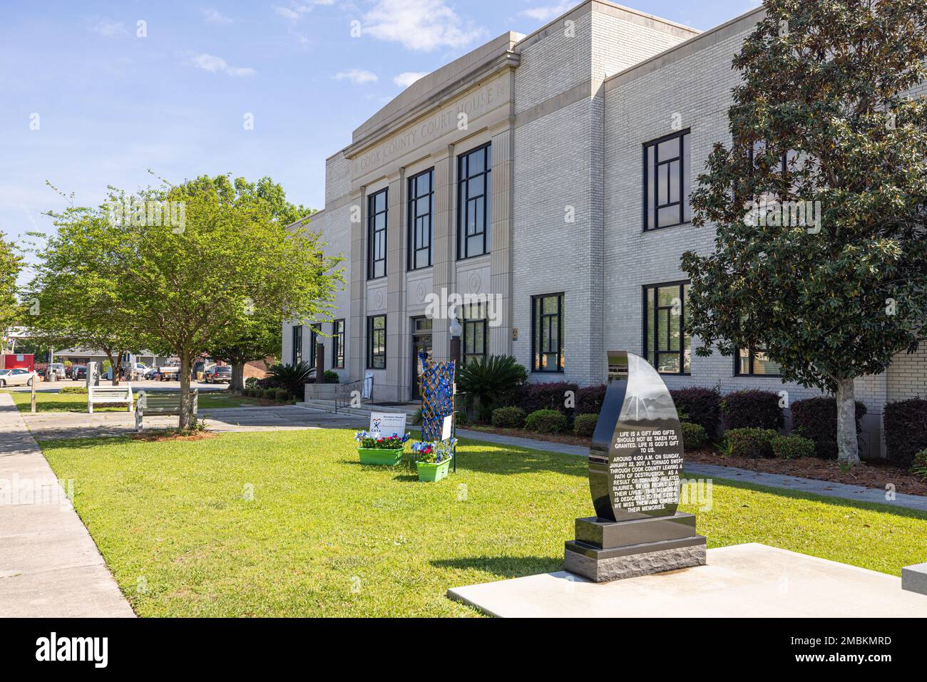 Adel, USA April 17, 2022 The Cook County Courthouse with the 2017 Tornado Memorial