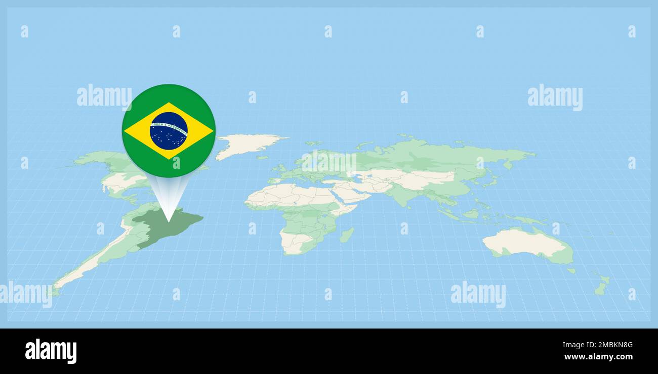Location of Brazil on the world map, marked with Brazil flag pin. Cartographic vector