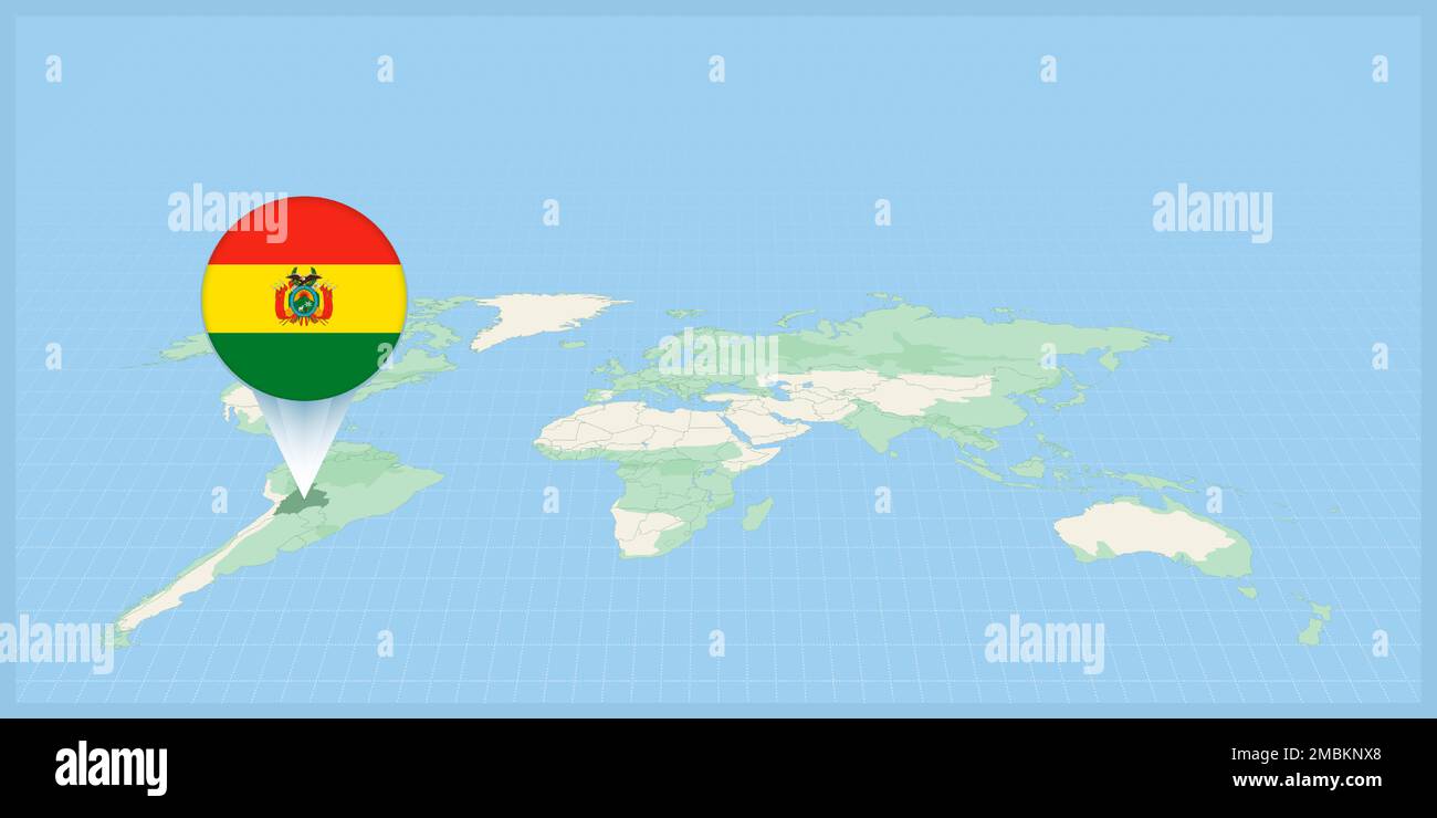 Location of Bolivia on the world map, marked with Bolivia flag pin. Cartographic vector