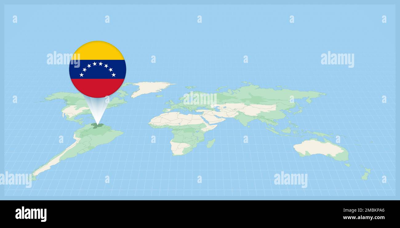 Location of Venezuela on the world map, marked with Venezuela flag pin