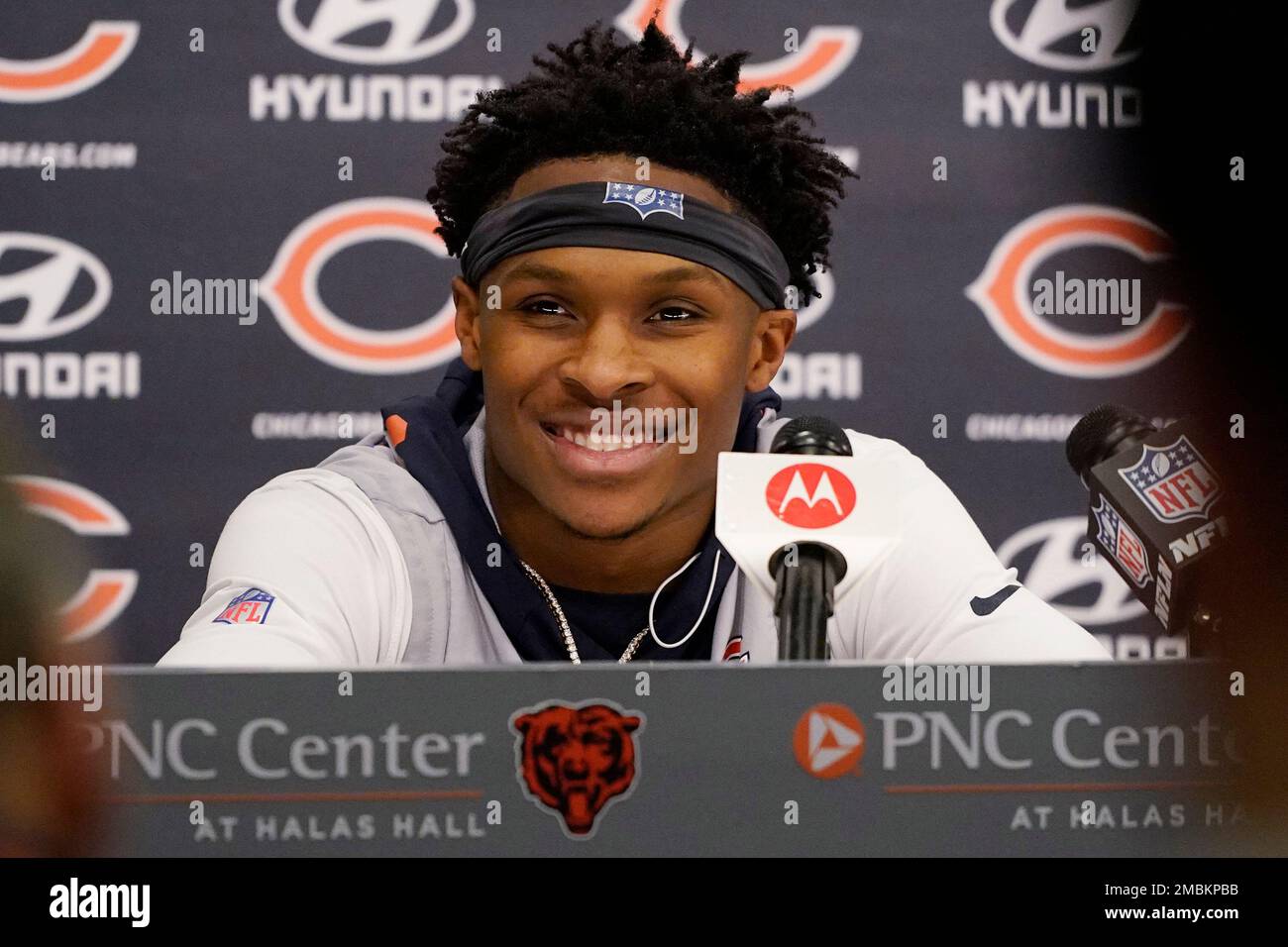 Chicago Bears wide receiver Darnell Mooney smiles as he listens to
