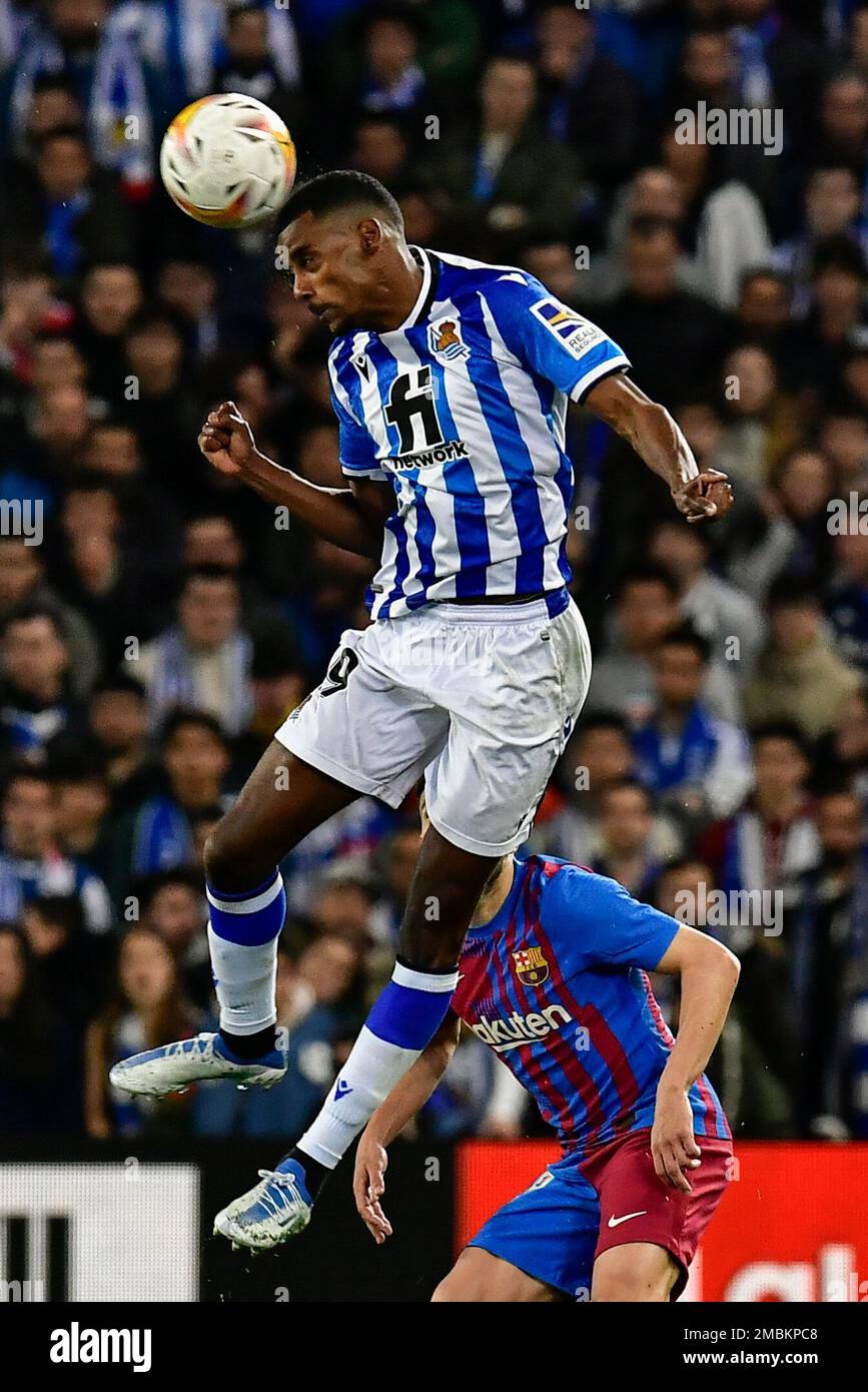 Real Sociedad's Alexander Isak heads for the ball during a Spanish